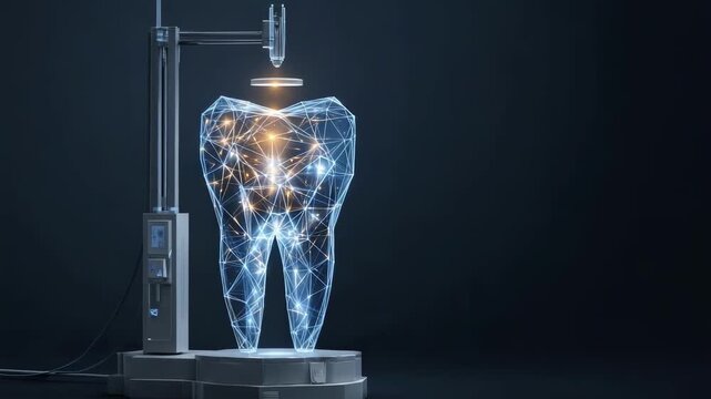 Glowing blue wireframe tooth model on a dental 3D scanner rig.
