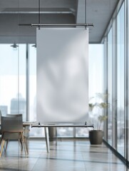 Vertical hanging banner mockup in modern office interior