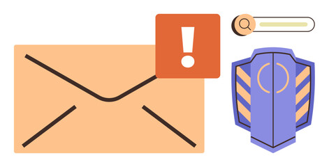 Envelope with alert sign, search magnifying glass, and shield icon highlighting cybersecurity, notification, safety, spam prevention, data protection, threat identification, simple flat metaphor