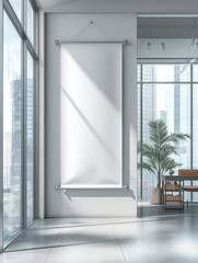 Vertical hanging banner mockup in modern office interior