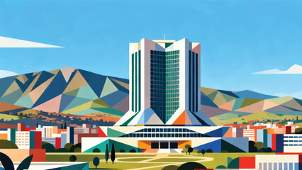 Illustration Of Addis Ababa, Modern African Union Building With A Bright Mountain Backdrop Vector Design Template