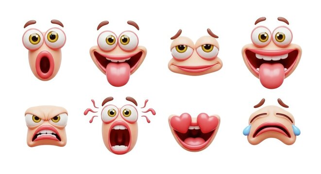 A vibrant collection of eight distinct 3D rendered cartoon facial expressions, playfully designed to convey a wide range of human emotions. Each expressive character, isolated on a clean white backgro