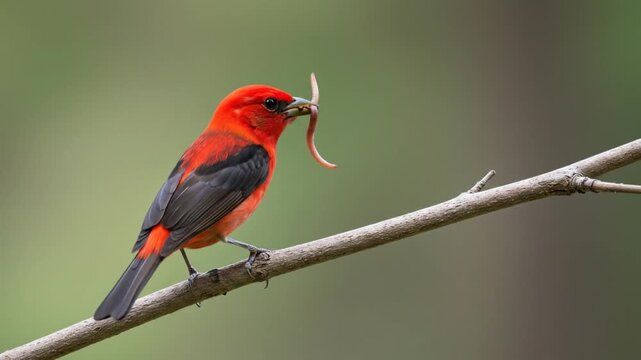 Scarlet tanager perched on branch against blurred green background