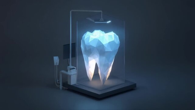 A blue low-poly tooth model being 3D-printed in a dental printer.