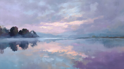 Still lake at sunrise misty reflections impressionist brush