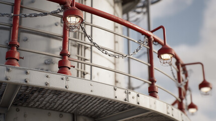 A red railing with lights on it