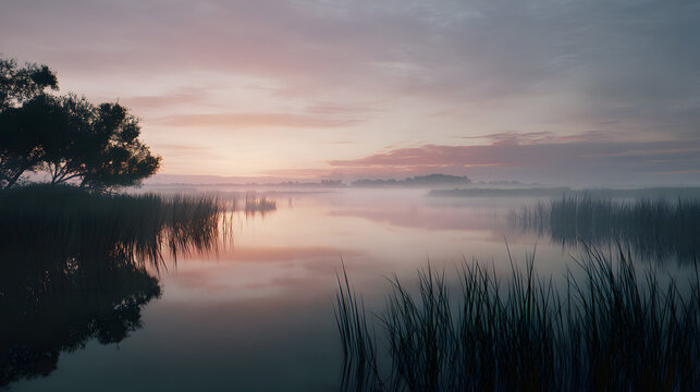 Still lake at sunrise mist above water minimalist landscape - Powered by Adobe