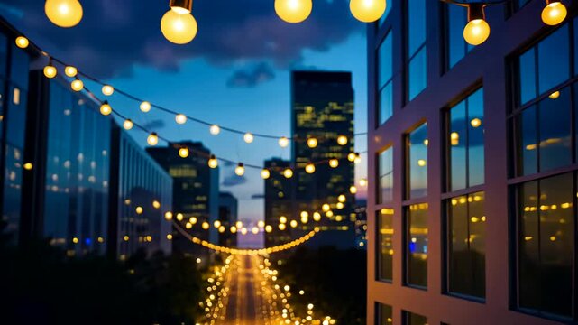 Strings of glowing bulbs hanging between modern buildings above an illuminated city street at blue hour