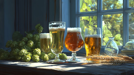 Table with craft beer glasses hops wheat natural sunlight