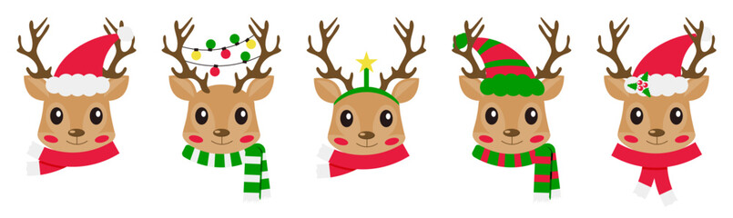 Christmas reindeer head collection with hats and scarves. Cute cartoon deer faces decorated with lights and stars. Holiday character in flat winter style