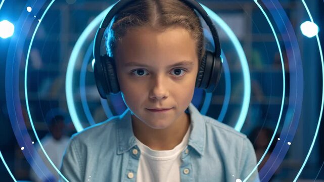 Personalized Learning Edtech Concept. Young child with headphones focused on a laptop screen.
