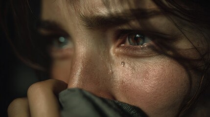 cinematic fine art photography, woman wiping tears with small smile, natural lighting, authentic emotion, ultra-realistic detail, emotional realism, 32K resolution 
