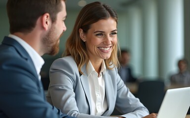 Smiling middle aged professional business woman executive working looking at laptop computer discussing digital data with male colleague at office meeting planning corporate strategy. Close up shot