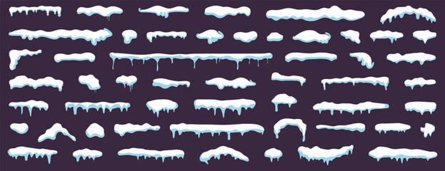 Cartoon snow caps. Set of snow cap. Snow caps, snowy ice and frozen icicles. Winter snowy decoration elements. Snow and ice, winter snowy caps for roof