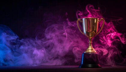 Sports Trophy  in the dark with colors smoke and with copy space