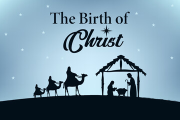Nativity silhouette showing the birth of Christ. Holy family scene with wise men and the Star of Bethlehem on blue background