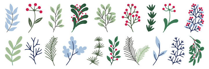 Festive botanical collection with red berries and winter leaves. Minimal floral twigs and branches in calm colors. Elegant design for Christmas decorations © stas111