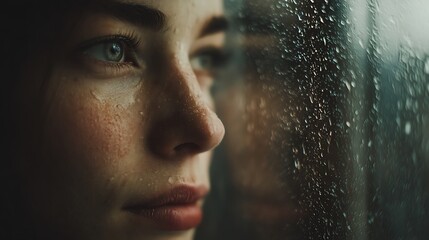cinematic portrait, person looking out rainy window, raindrops on glass, moody atmosphere, soft lighting, nostalgic emotion, ultra-realistic fine art, shallow depth of field, 32K resolution 