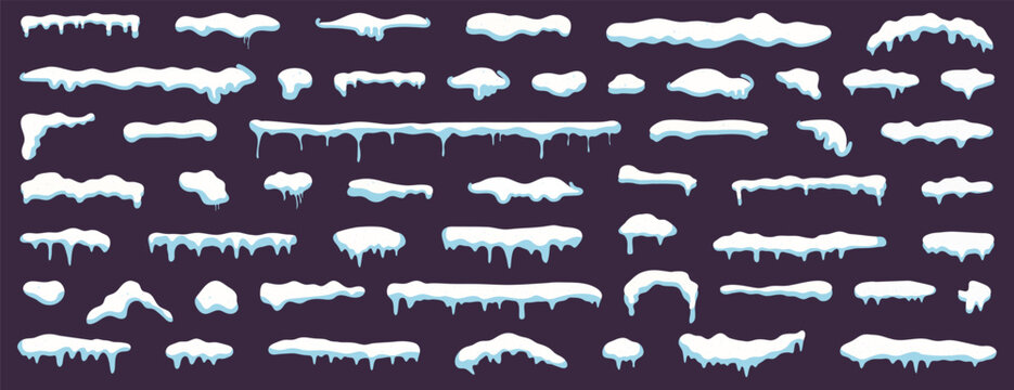 Cartoon snow caps. Set of snow cap. Snow caps, snowy ice and frozen icicles. Winter snowy decoration elements. Snow and ice, winter snowy caps for roof - Powered by Adobe