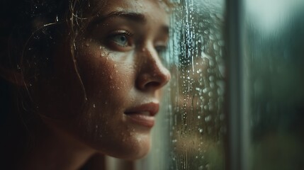 cinematic portrait, person looking out rainy window, raindrops on glass, moody atmosphere, soft lighting, nostalgic emotion, ultra-realistic fine art, shallow depth of field, 32K resolution 