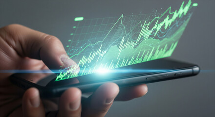 Hand Holding Tablet Displaying Rising Financial Chart and Flare
