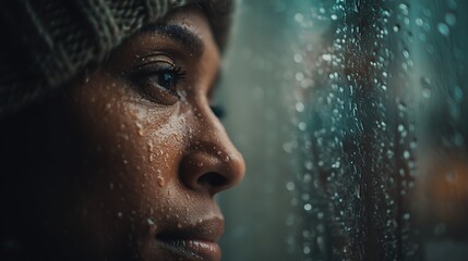 cinematic portrait, person looking out rainy window, raindrops on glass, moody atmosphere, soft lighting, nostalgic emotion, ultra-realistic fine art, shallow depth of field, 32K resolution 