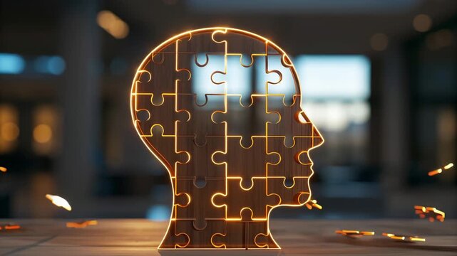 Personalized Learning Edtech Concept. Puzzle piece head silhouette illuminated with soft bokeh background.