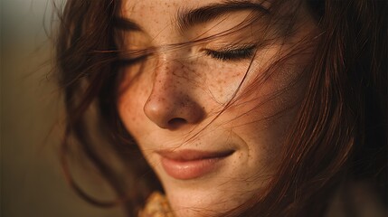 lifestyle fine art portrait, young woman smiling subtly with closed eyes under morning sunlight, peaceful and gentle emotion, soft cinematic tones, ultra-realistic texture, 32K resolution 