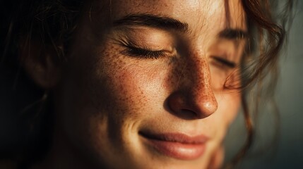 lifestyle fine art portrait, young woman smiling subtly with closed eyes under morning sunlight, peaceful and gentle emotion, soft cinematic tones, ultra-realistic texture, 32K resolution 