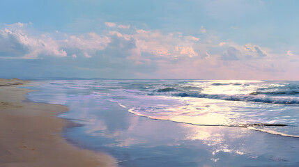 Fototapeta premium Wide empty beach gentle surreal waves soft pastel sunlight