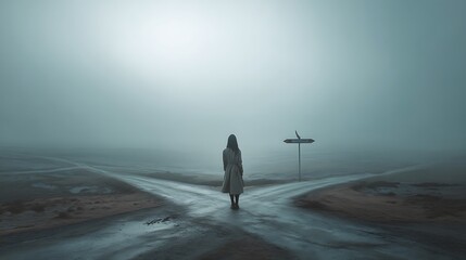 professional emotional portrait, person standing at crossroads in foggy landscape, symbolic composition, cinematic tone mapping, ultra-realistic fine art, 32K resolution 