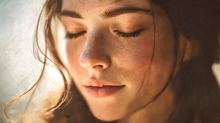lifestyle fine art portrait, young woman smiling subtly with closed eyes under morning sunlight, peaceful and gentle emotion, soft cinematic tones, ultra-realistic texture, 32K resolution 