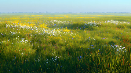 Fototapeta premium Wide meadow with scattered wildflowers morning light