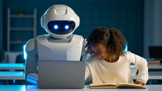 Personalized Learning Edtech Concept. Robot assisting a child with reading in a modern learning environment.