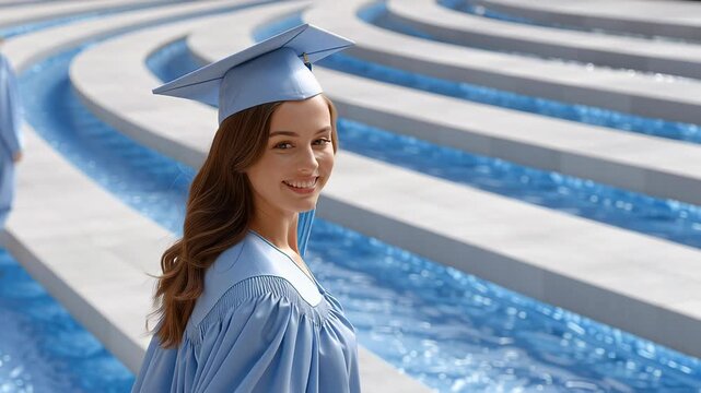 Personalized Learning Edtech Concept. Graduate in cap and gown near water feature, reflecting achievement.