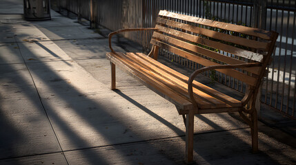 Wooden city bench on sidewalk soft shadows morning light