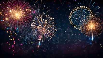 Confetti and Bokeh Fireworks in a Colorful Night Sky Celebration Background