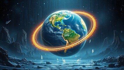 Prehistoric Earth wrapped in luminous rings with diamond shards raining onto cratered terrain.