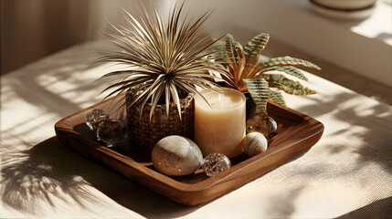 Wooden tray with small decorative objects candle and plant
