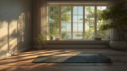 Fototapeta premium Yoga mat by large window morning sunlight peaceful and calm