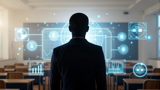 Personalized Learning Edtech Concept. Professional in a classroom with digital technology interface overlay.