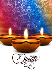 Happy Diwali Festival Background with Glowing Diyas, Ornate Floral Rangoli Patterns, Vibrant Colorful Backdrop, and Bright Decorative Lights for Indian Celebration Design