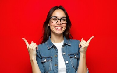 Young beautiful brunette woman wearing casual shirt and glasses over red background smiling and looking at the camera pointing with two hands and fingers to the side. High quality