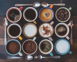 Top view of various coffee cups with different types of coffee, milk, and cocoa powders on a rustic wooden table — a perfect flat lay for coffee lovers and café designs.