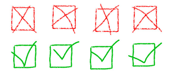hand drawn check mark and cross empty filled boxes design read and green color