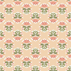 Pink floral block print. Boho flower stamps seamless pattern. Hand drawn tiny bouquet. Cute stylized Indian textile design, summer repeat background, wallpaper, wrapping paper. Vector illustration.