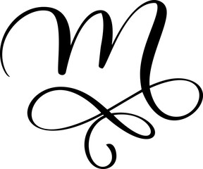 Calligraphic vector hand drawn uppercase letter m forming ornate monogram with decorative design scroll and elegant flourish
