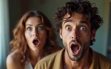 Shocked caucasian people man and woman. High quality