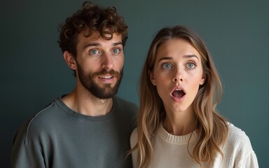 Shocked caucasian people man and woman. High quality