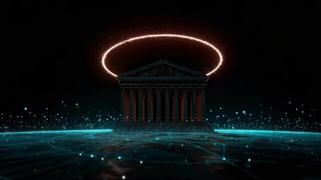 Classical temple with columns sits on a glowing blue digital grid, a fiery halo hovering above.
